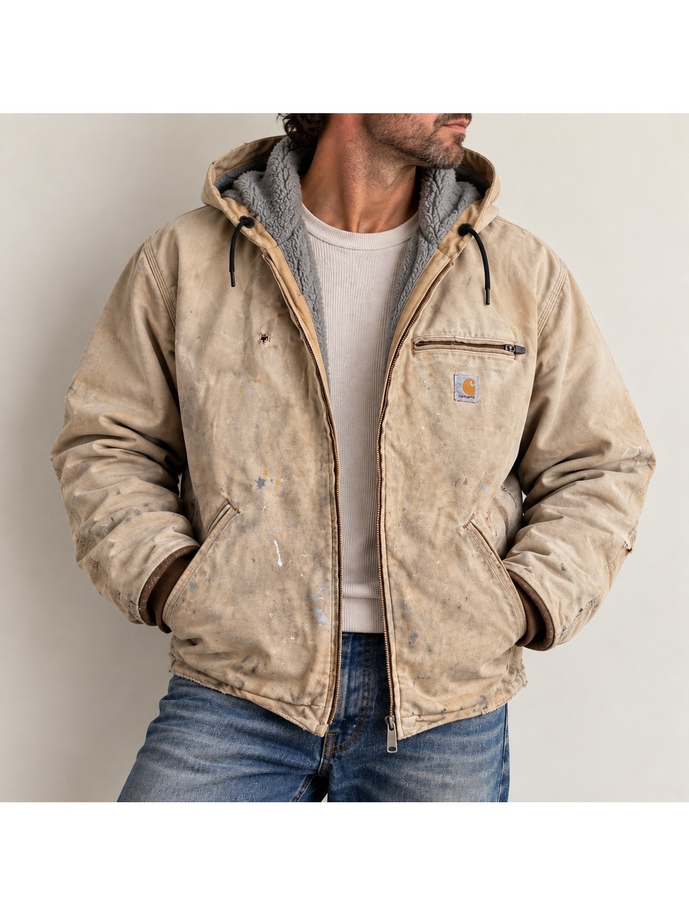 Carhartt J141 Sandstone Sierra Sherpa Lined Distressed Workwear Jacket